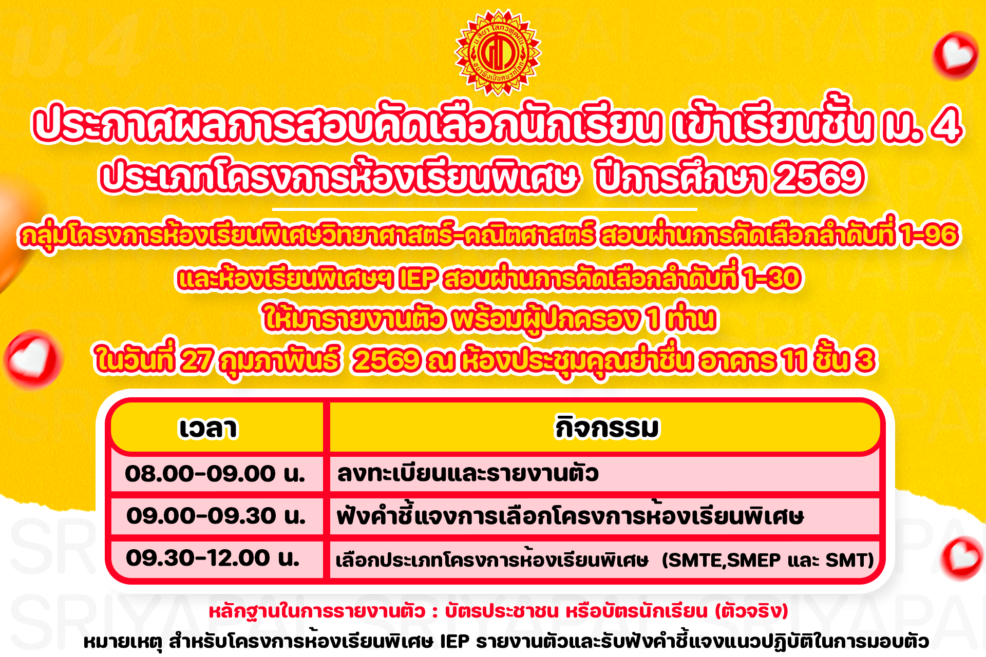 ประกาศผลการสอบคัดเลือกนักเรียนชั้น ม.4 ประเภทโครงการห้องเรียนพิเศษ ปีการศึกษา 2569
